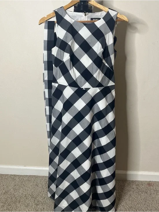 DKNY Women’s Black/White Gingham Sleeveless Belted A~Line Maxi Dress Sz 2 - Picture 9 of 12